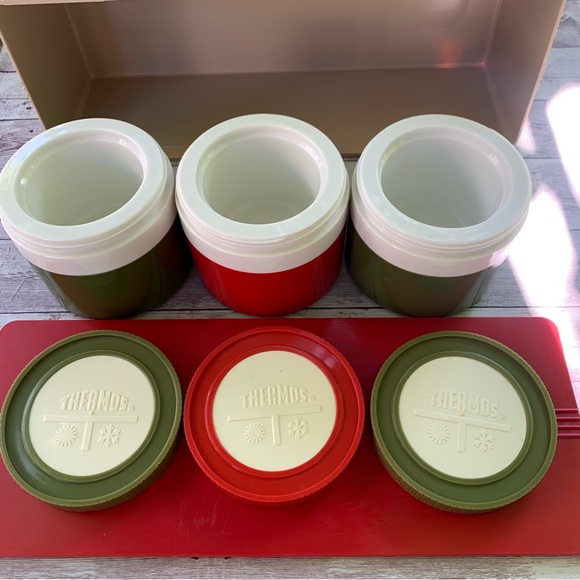 Vintage Thermos Insulated Jars #1155/3 Red Green Picnic Slide Lid Container - Picture 11 of 12